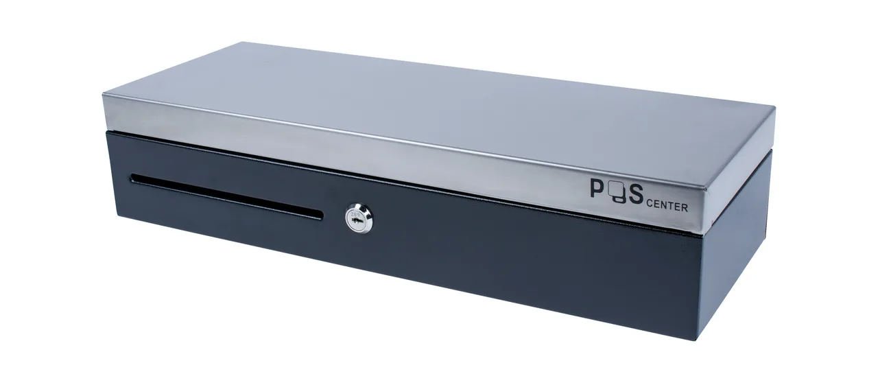 Денежный ящик POScenter 460KS 460x170x100, распайка Shtrih 24V, черный с нерж. крышкой, 3.0 м кабель — фото 1