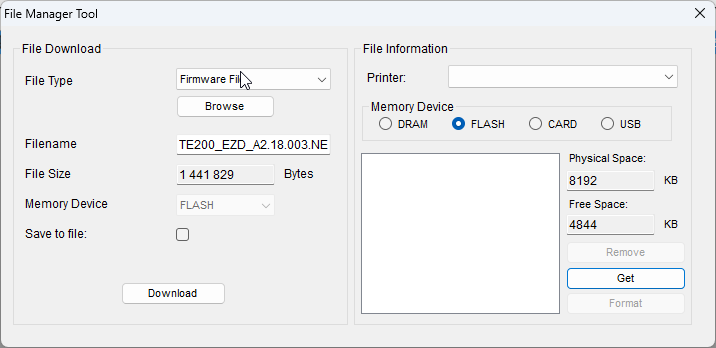 Окно File Manager Tool с пустым списком Printer